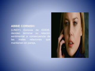 ABBIE CORNISH:
(LINDY) Exnovia de EDDIE,
deciden terminar su relación
sentimental a consecuencia de
las malas relaciones que
mantienen en pareja.
 