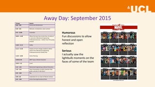 Away Day: September 2015
Timings Session
9.00 - 9.30 Arrival and refreshments
9.30 - 9.45 Welcome, introductions, team contract
9.45 – 10.00 Icebreaker
10.00 – 11.00 Where the team has a) come from, b) where it
is now and c) Mechanical Engineering
Professional Services - Outline Team Plan going
forward
11.00 – 11.15 Coffee
11.15 – 11.30
11.30 – 12.00
Analysis of team changes needed to deliver
actions from Mechanical Engineering
Professional Services Outline Plan
Action Planning
12.00.12.30 MBTI Type as Marvel Character
12.30 - 1.15 Lunch
1.15 – 1.45 Mechanical Engineering as Marvel Characters
1.45 – 2.45 Team Presentation on which character they
prefer and why it’s like them?
2.45 – 3.00 Tea
3.00- 3.45 Implications for our team of Marvel cartoons
3.45 – 4.00 Action Planning/Evaluation/Close
Humorous
Fun discussions to allow
honest and open
reflection
Serious
I actually saw the
lightbulb moments on the
faces of some of the team
 