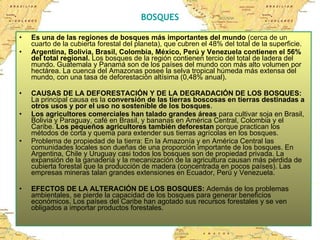 BOSQUES Es una de las regiones de bosques más importantes del mundo  (cerca de un cuarto de la cubierta forestal del planeta), que cubren el 48% del total de la superficie.  Argentina, Bolivia, Brasil, Colombia, México, Perú y Venezuela contienen el 56% del total regional.  Los bosques de la región contienen tercio del total de ladera del mundo. Guatemala y Panamá son de los países del mundo con más alto volumen por hectárea. La cuenca del Amazonas posee la selva tropical húmeda más extensa del mundo, con una tasa de deforestación altísima (0,48% anual). CAUSAS DE LA DEFORESTACIÓN Y DE LA DEGRADACIÓN DE LOS BOSQUES:  La principal causa es la  conversión de las tierras boscosas en tierras destinadas a otros usos y por el uso no sostenible de los bosques .  Los agricultores comerciales han talado grandes áreas  para cultivar soja en Brasil, Bolivia y Paraguay, café en Brasil, y bananas en América Central, Colombia y el Caribe.  Los pequeños agricultores también deforestan  porque practican los métodos de corta y quema para extender sus tierras agrícolas en los bosques. Problema de propiedad de la tierra: En la Amazonía y en América Central las comunidades locales son dueñas de una proporción importante de los bosques. En Argentina, Chile y Uruguay casi todos los bosques son de propiedad privada. La expansión de la ganadería y la mecanización de la agricultura causan más pérdida de cubierta forestal que la producción de madera (concentrada en pocos países). Las empresas mineras talan grandes extensiones en Ecuador, Perú y Venezuela.  EFECTOS DE LA ALTERACIÓN DE LOS BOSQUES:  Además de los problemas ambientales, se pierde la capacidad de los bosques para generar beneficios económicos. Los países del Caribe han agotado sus recursos forestales y se ven obligados a importar productos forestales.  