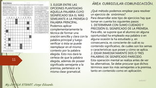 ¿Qué método podemos emplear para resolver
un ejercicio de sinónimos?
Para desarrollar este tipo de ejercicios hay que
tomar en cuenta los siguientes pasos:
1. DETERMINAR CON SUMO CUIDADO Y
PRECISIÓN EL SIGNIFICADO DE LA PREMISA.
Para ello, se supone que el alumno en alguna
oportunidad ha empleado esa palabra o en
alguna ocasión la ha estudiado y, en
consecuencia, es consciente de cuál es su
contenido significativo, de cuáles son los semas
o características que posee y cómo se aplica.
2. IDEAR INMEDIATAMENTE DOS O TRES
PALABRAS DE SIGNIFICADO PARECIDO.
Esta operación mental se realiza antes de ver
las alternativas. Se debe procurar que dichos
términos sean los más semejantes a la premisa,
tanto en contenido como en aplicación.
22/06/2017
11
3. ELEGIR ENTRE LAS
OPCIONES PLANTEADAS
AQUELLA PALABRA CUYO
SIGNIFICADO SEA EL MÁS
SEMEJANTE A LA PREMISA O
PALABRA PRINCIPAL.
Podemos aplicar
complementariamente la
técnica de formar una
oración sencilla y clara con la
palabra principal y luego
verificar si ésta se puede
reemplazar en el mismo
contexto por la palabra
elegida. Esto nos dará la
certeza de que la palabra
elegida, además de poseer
significado semejante a la
premisa, pertenece a la
misma clase gramatical.
 