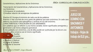 Características y Aplicaciones de los Sinónimos
Transcripción de Características y Aplicaciones de los Sinónimos
Los Sinónimos
1) Enriquecer el vocabulario
2) Analizar relación de semejanzas de palabras
Practica #2: Escoge el sinónimo de cada una de las palabras
Práctica 3: Haz una lista de cinco pares de palabras que sean sinónimos. En cada caso
elabora una oración para ejemplificar y verificar el uso del sinónimo.
CARACTERÍSTICAS Y APLICACIÓN DE LOS SINÓNIMOS
Son palabras que, se refieren a una misma variable, tienen significados semejantes y
pertenecen a la misma categoría gramatical.
Si dos palabras son sinónimos, una de ellas puede ser sustituida por la otra en una
oración y ésta conserva casi el mismo significado.
1.1. Meta 1.2. Auxiliar
a) Objetivo a) Invasión
b) Resultado b) Comunicar
c) Alumno c) Destruir
d) Lograr d) Soldado
e) Estudiar e) Socorrer
22/06/2017
14
 