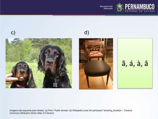 c) d)
Imagens (da esquerda para direita): (a) Pink / Public domain, (b) Wikipedia Loves Art participant "shooting_brooklyn / Creative
Commons Attribution-Share Alike 2.5 Generic.
ã, á, à, â
 