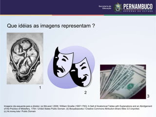 Que idéias as imagens representam ?
Imagens (da esquerda para a direita): (a) McLeod / 2008 / William Smellie (1697-1763): A Sett of Anatomical Tables with Explanations and an Abridgement
of the Practice of Midwifery, 1754 / United States Public Domain. (b) Booyabazooka / Creative Commons Attribution-Share Alike 3.0 Unported.
(c) At.morey.tota / Public Domain
1
2
3
 