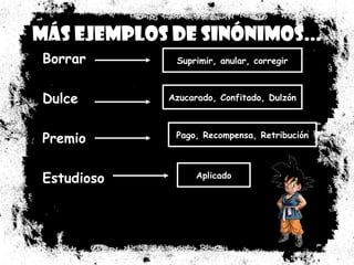 MMááss eejjeemmppllooss ddee ssiinnóónniimmooss...... 
BBoorrrraarr 
SSuupprriimmiirr,, aannuullaarr,, ccoorrrreeggiirr 
DDuullccee 
AAzzuuccaarraaddoo,, CCoonnffiittaaddoo,, DDuullzzóónn 
PPrreemmiioo 
PPaaggoo,, RReeccoommppeennssaa,, RReettrriibbuucciióónn 
EEssttuuddiioossoo 
AApplliiccaaddoo 
 