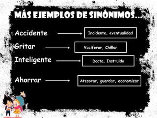 MMááss eejjeemmppllooss ddee ssiinnóónniimmooss...... 
AAcccciiddeennttee 
IInncciiddeennttee,, eevveennttuuaalliiddaadd 
GGrriittaarr 
VVoocciiffeerraarr,, CChhiillllaarr 
IInntteelliiggeennttee 
DDooccttoo,, IInnssttrruuiiddoo 
AAhhoorrrraarr 
AAtteessoorraarr,, gguuaarrddaarr,, eeccoonnoommiizzaarr 
 