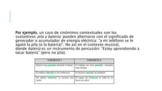 Por ejemplo, un caso de sinónimos contextuales son los
sustantivos pila y batería: pueden alternarse con el significado de
generador o acumulador de energía eléctrica: “a mi teléfono se le
agotó la pila (o la batería)". No así en el contexto musical,
donde batería es un instrumento de percusión: “Estoy aprendiendo a
tocar batería” (pero no pila).
 