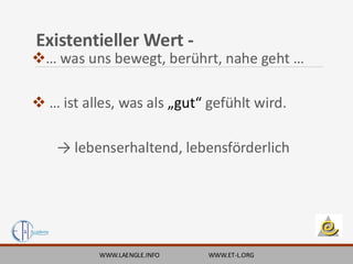 Existentieller Wert -
❖… was uns bewegt, berührt, nahe geht …
❖ … ist alles, was als „gut“ gefühlt wird.
→ lebenserhaltend, lebensförderlich
WWW.LAENGLE.INFO WWW.ET-L.ORG
 