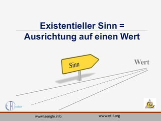 :
Existentieller Sinn =
Ausrichtung auf einen Wert
Wert
www.laengle.info www.et-l.org
 
