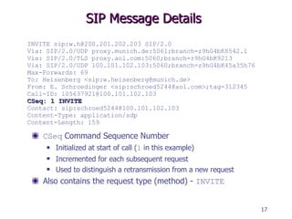 SIP Message Details CSeq  Command Sequence Number Initialized at start of call ( 1  in this example) Incremented for each subsequent request Used to distinguish a retransmission from a new request Also contains the request type (method) -  INVITE INVITE sip:w.h@200.201.202.203 SIP/2.0 Via: SIP/2.0/UDP proxy.munich.de:5061;branch=z9hG4bK8542.1 Via: SIP/2.0/TLS proxy.aol.com:5060;branch=z9hG4bK9213 Via: SIP/2.0/UDP 100.101.102.103:5060;branch=z9hG4bK45a35h76 Max-Forwards: 69 To: Heisenberg <sip:w.heisenberg@munich.de> From: E. Schroedinger <sip:schroed5244@aol.com>;tag=312345   Call-ID: 105637921@100.101.102.103 CSeq: 1 INVITE Contact: sip:schroed5244@100.101.102.103 Content-Type: application/sdp Content-Length: 159 