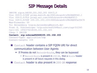SIP Message Details INVITE sip:w.h@200.201.202.203 SIP/2.0 Via: SIP/2.0/UDP proxy.munich.de:5061;branch=z9hG4bK8542.1 Via: SIP/2.0/TLS proxy.aol.com:5060;branch=z9hG4bK9213 Via: SIP/2.0/UDP 100.101.102.103:5060;branch=z9hG4bK45a35h76 Max-Forwards: 69 To: Heisenberg <sip:w.heisenberg@munich.de> From: E. Schroedinger <sip:schroed5244@aol.com>;tag=312345   Call-ID: 105637921@100.101.102.103 CSeq: 1 INVITE Contact: sip:schroed5244@100.101.102.103 Content-Type: application/sdp Content-Length: 159 Contact  header contains a SIP FQDN URI for direct communication between User Agents If Proxies do not  Record-Route , they can be bypassed If  Record-Route  is present in  200   OK,  then a  Route  header is present in all future requests in this dialog. Contact  header is also present in  200   OK  response 