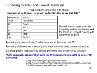 Tunneling for NAT and Firewall Traversal 1. http://www.iana.org/assignments/port-numbers 2. http://www.microsoft.com/technet/prodtechnol/exchange/2003/security.mspx 3. draft-lear-iana-no-more-well-known-ports-01.txt  Examples of well known  1  (reserved) ports: 0 to1,024, or use DNS SRV  3 . Tunneling various protocols “under false name” (such as port 80)  Tunneling violations are a security risk that may invite deep packet inspection But deep packet inspection by service providers may be a privacy violation Right approach: Cooperation with the IT department and ISPs to use HTTP tunneling Port numbers range from 0 to 65536  Port  80  is most often used for tunneling and should be blocked for IPSec w. Firewall  2.  along with other unused ports SIP/TLS 5061 HTTP   80 DNS 53 SMTP 25 Telnet 23 File Transfer 19-21 Protocol Port Number 