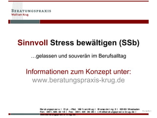 Sinnvoll  Stress bewältigen (SSb) … gelassen und souverän im Berufsalltag Informationen zum Konzept unter: www.beratungspraxis-krug.de 