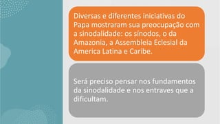 Diversas e diferentes iniciativas do
Papa mostraram sua preocupação com
a sinodalidade: os sínodos, o da
Amazonia, a Assembleia Eclesial da
America Latina e Caribe.
Será preciso pensar nos fundamentos
da sinodalidade e nos entraves que a
dificultam.
 