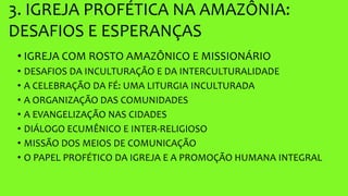 3. IGREJA PROFÉTICA NA AMAZÔNIA:
DESAFIOS E ESPERANÇAS
• IGREJA COM ROSTO AMAZÔNICO E MISSIONÁRIO
• DESAFIOS DA INCULTURAÇÃO E DA INTERCULTURALIDADE
• A CELEBRAÇÃO DA FÉ: UMA LITURGIA INCULTURADA
• A ORGANIZAÇÃO DAS COMUNIDADES
• A EVANGELIZAÇÃO NAS CIDADES
• DIÁLOGO ECUMÊNICO E INTER-RELIGIOSO
• MISSÃO DOS MEIOS DE COMUNICAÇÃO
• O PAPEL PROFÉTICO DA IGREJA E A PROMOÇÃO HUMANA INTEGRAL
 
