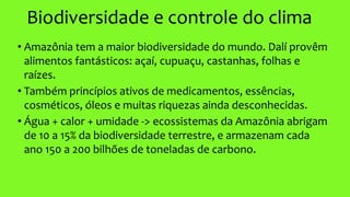 Biodiversidade e controle do clima
• Amazônia tem a maior biodiversidade do mundo. Dalí provêm
alimentos fantásticos: açaí, cupuaçu, castanhas, folhas e
raízes.
• Também princípios ativos de medicamentos, essências,
cosméticos, óleos e muitas riquezas ainda desconhecidas.
• Água + calor + umidade -> ecossistemas da Amazônia abrigam
de 10 a 15% da biodiversidade terrestre, e armazenam cada
ano 150 a 200 bilhões de toneladas de carbono.
 