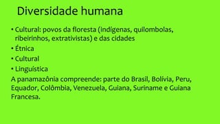 Diversidade humana
• Cultural: povos da floresta (indígenas, quilombolas,
ribeirinhos, extrativistas) e das cidades
• Étnica
• Cultural
• Linguística
A panamazônia compreende: parte do Brasil, Bolívia, Peru,
Equador, Colômbia, Venezuela, Guiana, Suriname e Guiana
Francesa.
 