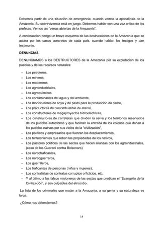 ! 14!
Debemos partir de una situación de emergencia, cuando vemos la apocalipsis de la
Amazonia. Su sobrevivencia está en juego. Debemos hablar con una voz crítica de los
profetas. Vemos las “venas abiertas de la Amazonía”.
A continuación pongo un breve esquema de las destrucciones en la Amazonía que se
aclara por los casos concretos de cada país, cuando hablan los testigos y dan
testimonio.
DENUNCIAS
DENUNCIAMOS a los DESTRUCTORES de la Amazonia por su explotación de los
pueblos y de los recursos naturales:
− Los petroleros,
− Los mineros,
− Los madereros,
− Los agroindustriales,
− Los agroquímicos,
− Los contaminantes del agua y del ambiente,
− Los monocultores de soya y de pasto para la producción de carne,
− Los productores de biocombustible de etanol,
− Los constructores de megaproyectos hidroeléctricas,
− Los constructores de carreteras que dividen la selva y los territorios reservados
de los pueblos autóctonos y que facilitan la entrada de los colonos que dañan a
los pueblos nativos por sus vicios de la "civilización",
− Los políticos y empresarios que fuerzan los desplazamientos,
− Los terratenientes que roban las propiedades de los nativos,
− Los pastores políticos de las sectas que hacen alianzas con los agroindustriales,
(caso de los Guaraní contra Bolsonaro)
− Los narcotraficantes,
− Los narcoguerreros,
− Los guerrilleros,
− Los traficantes de personas (niños y mujeres),
− Los contratistas de contratos corruptos o ficticios, etc.
− Y al último a los falsos misioneros de las sectas que predican el “Evangelio de la
Civilización”, y son culpables del etnocidio.
La lista de los criminales que matan a la Amazonia, a su gente y su naturaleza es
larga.
¿Cómo nos defendemos?
 