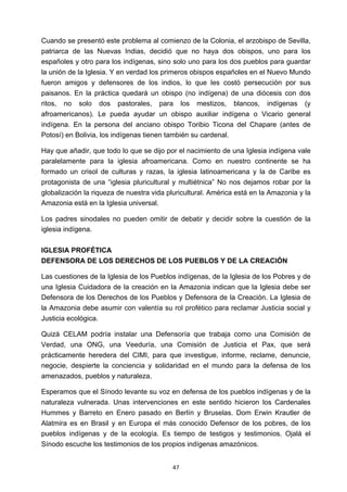 ! 47!
Cuando se presentó este problema al comienzo de la Colonia, el arzobispo de Sevilla,
patriarca de las Nuevas Indias, decidió que no haya dos obispos, uno para los
españoles y otro para los indígenas, sino solo uno para los dos pueblos para guardar
la unión de la Iglesia. Y en verdad los primeros obispos españoles en el Nuevo Mundo
fueron amigos y defensores de los indios, lo que les costó persecución por sus
paisanos. En la práctica quedará un obispo (no indígena) de una diócesis con dos
ritos, no solo dos pastorales, para los mestizos, blancos, indígenas (y
afroamericanos). Le pueda ayudar un obispo auxiliar indígena o Vicario general
indígena. En la persona del anciano obispo Toribio Ticona del Chapare (antes de
Potosí) en Bolivia, los indígenas tienen también su cardenal.
Hay que añadir, que todo lo que se dijo por el nacimiento de una Iglesia indígena vale
paralelamente para la iglesia afroamericana. Como en nuestro continente se ha
formado un crisol de culturas y razas, la iglesia latinoamericana y la de Caribe es
protagonista de una “iglesia pluricultural y multiétnica” No nos dejamos robar por la
globalización la riqueza de nuestra vida pluricultural. América está en la Amazonia y la
Amazonia está en la Iglesia universal.
Los padres sinodales no pueden omitir de debatir y decidir sobre la cuestión de la
iglesia indígena.
IGLESIA PROFÉTICA
DEFENSORA DE LOS DERECHOS DE LOS PUEBLOS Y DE LA CREACIÓN
Las cuestiones de la Iglesia de los Pueblos indígenas, de la Iglesia de los Pobres y de
una Iglesia Cuidadora de la creación en la Amazonia indican que la Iglesia debe ser
Defensora de los Derechos de los Pueblos y Defensora de la Creación. La Iglesia de
la Amazonia debe asumir con valentía su rol profético para reclamar Justicia social y
Justicia ecológica.
Quizá CELAM podría instalar una Defensoría que trabaja como una Comisión de
Verdad, una ONG, una Veeduría, una Comisión de Justicia et Pax, que será
prácticamente heredera del CIMI, para que investigue, informe, reclame, denuncie,
negocie, despierte la conciencia y solidaridad en el mundo para la defensa de los
amenazados, pueblos y naturaleza.
Esperamos que el Sínodo levante su voz en defensa de los pueblos indígenas y de la
naturaleza vulnerada. Unas intervenciones en este sentido hicieron los Cardenales
Hummes y Barreto en Enero pasado en Berlín y Bruselas. Dom Erwin Krautler de
Alatmira es en Brasil y en Europa el más conocido Defensor de los pobres, de los
pueblos indígenas y de la ecología. Es tiempo de testigos y testimonios. Ojalá el
Sínodo escuche los testimonios de los propios indígenas amazónicos.
 