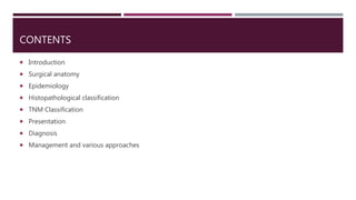 CONTENTS
 Introduction
 Surgical anatomy
 Epidemiology
 Histopathological classification
 TNM Classification
 Presentation
 Diagnosis
 Management and various approaches
 