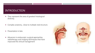 INTRODUCTION
 They represent the area of greatest histological
diversity.
 Complex anatomy , close to multiple vital structure.
 Presentation is late.
 Advances in endoscopic surgical approaches,
radiotherapy and imaging techniques that have
improved the clinical management
 