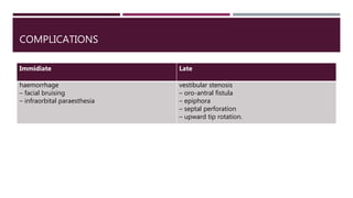 COMPLICATIONS
Immidiate Late
haemorrhage
– facial bruising
– infraorbital paraesthesia
vestibular stenosis
– oro-antral fistula
– epiphora
– septal perforation
– upward tip rotation.
 