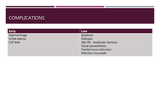 COMPLICATIONS
Early Late
Haemorrhage
Orital edema
CSF leak
Epiphora
Diplopia
Alar lift , vestibular stenosis
Facial paraesthesia
Frontal sinus ostructon
Infection mucocele
 
