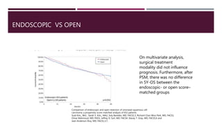 ENDOSCOPIC VS OPEN
On multivariate analysis,
surgical treatment
modality did not influence
prognosis. Furthermore, after
PSM, there was no difference
in 5Y-OS between the
endoscopic- or open score–
matched groups
Comparison of endoscopic and open resection of sinonasal squamous cell
carcinoma: a propensity score–matched analysis of 652 patients
Suat Kılıc¸, BA1 , Sarah S. Kılıc¸, MA2, Soly Baredes, MD, FACS1,3, Richard Chan Woo Park, MD, FACS1,
Omar Mahmoud, MD, PhD2, Jeffrey D. Suh, MD, FACS4, Stacey T. Gray, MD, FACS5,6 and
Jean Anderson Eloy, MD, FACS1,3,7,
 