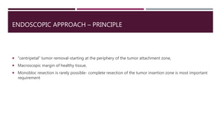 ENDOSCOPIC APPROACH – PRINCIPLE
 “centripetal” tumor removal-starting at the periphery of the tumor attachment zone,
 Macroscopic margin of healthy tissue,
 Monobloc resection is rarely possible- complete resection of the tumor insertion zone is most important
requirement
 