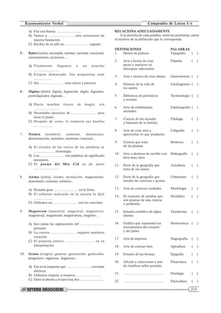 213
Compendio de Letras I–E
Razonamiento Verbal
A) Fue una fieseta ..........................
B) Vamos a ......................... otro aniversario de
nuestra fundación.
C) Recibio de su jefe un ......................... urgente.
5. Ratio (razón): razonable, razonar, racional, irracional,
razonamiento, raciocinio, ...
A) Finalmente llegamos a un acuerdo
..........................
B) Exigían demasiado. Sus propuestas eran
...................
C) Sus ......................... eran claros y precisos.
6. Digitus (dedo): digital, digitación, dígito, digitador,
prestidigitador, digitado...
A) Hacía muchos trucos de magia: era
..........................
B) Necesitaba ejercicios de ......................... para
tocar el piano.
C) Después de votar, le tomaron sus huellas
....................
7. Nomen (nombre): nominar, denominar,
denominación, anónimo, sinónimo, nominal...
A) El estudio de las raíces de las palabras se
...................... etimología.
B) Los ......................... son palabras de significado
semejante.
C) El poema del Mio Cid es de autor
..........................
8. Anima (alma): ánimo, animación, magnánimo,
inanimado, exánime, anímico...
A) Reinaba gran ......................... en la fiesta.
B) El esfuerzo realizado en la carrera lo dejó
....................
C) Debemos ser ......................... con los vencidos.
9. Magistrum (maestro): magistral, magisterio,
magisterial, magistrado, magistratura, magíster...
A) Son justas las aspiraciones del .........................
peruano.
B) La carrera ......................... requiere auténtica
vocación.
C) El pianista estuvo ......................... en su
interpretación.
10. Genus (origen): generar, generación, generador,
progenitor, regenerar, degenerar...
A) Esa es la máquina que ......................... corriente
eléctrica.
B) Debemos respetar a nuestros ..........................
C) Entre el abuelo y el nieto hay dos ..........................
RELACIONA ADECUADAMENTE
A la derecha de cada palabra, entre los paréntesis, anota
el número de la definición que le corresponda.
DEFINICIONES PALABRAS
1. Museo de pintura. Tipografía ( )
2. Arte y forma de criar Filatelia ( )
peces y mariscos en
estanques adecuados.
3. Arte y técnica de criar abejas. Gastronomía ( )
4. Historia de la vida de Cardiograma ( )
los santos
5. Biblioteca de periódicos Terminología ( )
y revistas.
6. Arte de embalsamar Espeleografía ( )
animales.
7. Ciencia de los escudos Filología ( )
y blasones de la familia.
8. Arte de criar aves y Caligrafía ( )
aprovechar lo que producen.
9. Ciencia que trata Botánica ( )
de las plantas.
10. Arte o destreza de escribir con Hidrografía ( )
letra muy clara
11. Parte de la geografía que Avicultura ( )
trata de los mares.
12. Parte de la geografía que Urbanismo ( )
estudia las cavernas y grutas.
13. Arte de construir ciudades. Morfología ( )
14. El conjunto de palabas que Heráldica ( )
son propias de una ciencia
o profesión.
15. Estudio científico de algún Taxidermia ( )
idioma.
16. Gráfico que representa los Hemeroteca ( )
movimientos del corazón
y del pulso.
17. Arte de imprimir Hagiografía ( )
18. Arte de cocinar bien. Apicultura ( )
19. Estudio de las formas. Epigrafía ( )
20. Afición a coleccionar y arte Pinacoteca ( )
de clasificar sellos postales.
21. .......................................... Florilegio ( )
22. .......................................... Piscicultura ( )
 