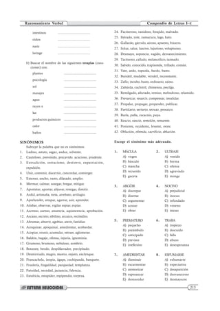 215
Compendio de Letras I–E
Razonamiento Verbal
intestinos ..................................
oídos ..................................
nariz ..................................
laringe ..................................
b) Buscar el nombre de las siguientes terapias (cura-
ciones) con:
plantas ..................................
psicología ..................................
sol ..................................
masajes ..................................
agua ..................................
rayos x ..................................
luz ..................................
productos químicos ..................................
calor ..................................
baños ..................................
SINÓNIMOS
Subraye la palabra que no es sinónimos:
1. Ladino, astuto, sagaz, audaz, solvente.
2. Cauteloso, prevenido, precavido. acucioso, prudente.
3. Extradición, ostracismo, destierro, expatriación,
expulsión.
4. Unir, convenir, discernir, concordar, converger.
5. Extenso, ancho, vasto, dilatado, amplio.
6. Mermar, calmar, sosegar, bregar, mitigar.
7. Apostatar, apostar, abjurar, renegar, dimitir.
8. Ardid, artimaña, treta, arrebato, artilugio.
9. Aprehender, atrapar, agarrar, asir, aprender.
10. Atisbar, observar, vigilar espiar, expiar.
11. Ascenso, asenso, anuencia, aquiescencia, aprobación.
12. Arcano, secreto, sibilino, arcaico, recóndito.
13. Abrumar, aburrir, agobiar, aterir, fastidiar.
14. Acoquinar, apoquinar, amedrentar, acobardar.
15. Acopiar, reunir, acumular, retraer, aglomerar.
16. Baldón, bagaje, ofensa, injuria, ignominia.
17. Grumoso, brumoso, nebuloso, sombrío.
18. Botarate, beodo, despilfarrador, precipitado.
19. Desmirriado, magro, mustio, enjuto, enclenque.
20. Francachela, inopia, ágape, cuchipanda, banquete.
21. Fruslería, frugalildad, parquedad, templanza.
22. Fatuidad, necedad, jactancia, falencia.
23. Estulticia, estupidez, espipendio, torpeza.
24. Facineroso, vanidoso, forajido, malvado.
25. Iletrado, zote, zamacuco, lego, hato.
26. Gallardo, gárrulo, airoso, apuesto, bizarro.
27. Solaz, salaz, lascivo, lujurioso, voluptuoso.
28. Desmayo, soponcio, vagido, desvanecimiento.
29. Taciturno, callado, melancólico, taimado.
30. Sabido, conocido, trapisonda, trillado, común.
31. Vate, aedo, rapsoda, bardo, basto.
32. Bursátil, mudable, versátil, inconstante.
33. Zafio, inculto, basto, ordinario, zaíno.
34. Zahúrda, cuchitril, chimenea, pocilga.
35. Remilgado, afectado, remiso, melindroso, relamido.
36. Prevaricar, resarcir, compensar, invalidar.
37. Propalar, propagar, propender, publicar.
38. Partidario, sectario, secuaz, prosaico.
39. Burla, pulla, escarnio, puya.
40. Reacio, rancio, remolón, renuente.
41. Poniente, occidente, levante, oeste.
42. Oblación, ofrenda, sacrificio, ablación.
Escoge el sinónimo más adecuado.
1. MÁCULA 2. ULTRAJE
A) virgen A) vestido
B) básculo B) berma
C) mancha C) ofensa
D) recuerdo D) agraviado
E) gaceta E) monge
3. ARGÜIR 4. NOCIVO
A) discrepar A) perjudicial
B) disertar B) inocuo
C) argumentar C) infundado
D) acusar D) veneno
E) obrar E) inicuo
5. PREMATURO 6. TRABA
A) pequeño A) tropiezo
B) preámbulo B) descuido
C) anticipado C) falla
D) previsor D) abuso
E) irreflexivo E) desesperanza
7. AMEDRENTAR 8. ESFUMARSE
A) disminuir A) exhumarse
B) escarmentar B) expectativa
C) atemorizar C) desaparición
D) esperanzar D) desvanecerse
E) desenredar E) desmayarse
 