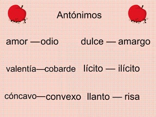 Antónimos
amor —odio dulce — amargo
valentía—cobarde lícito — ilícito
cóncavo—convexo llanto — risa
 