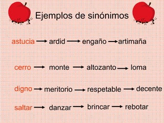 Ejemplos de sinónimos
astucia ardid engaño artimaña
cerro monte altozanto loma
digno meritorio respetable decente
saltar danzar brincar rebotar