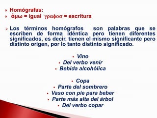    Homógrafas:
   ὁμω = igual              = escritura

   Los términos homógrafos            son palabras que se
    escriben de forma idéntica pero tienen diferentes
    significados, es decir, tienen el mismo significante pero
    distinto origen, por lo tanto distinto significado.

                                 Vino
                            Del verbo venir
                           Bebida alcohólica

                               Copa
                        Parte del sombrero
                     Vaso con pie para beber
                     Parte más alta del árbol
                          Del verbo copar
 
