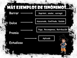 Más ejemplos de sinónimos... Borrar Dulce Premio Estudioso Suprimir, anular, corregir Azucarado, Confitado, Dulzón Pago, Recompensa, Retribución Aplicado 