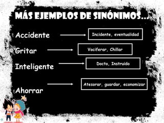 Más ejemplos de sinónimos... Accidente Gritar Inteligente Ahorrar Incidente, eventualidad Vociferar, Chillar Docto, Instruido Atesorar, guardar, economizar 