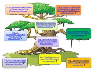 http://luisamariaarias.wordpress.c
om/lengua-espanola/tema-
2/sinonimos-y-antonimos/ 1
http://www.nicaraguaeduca.ed
u.ni/educablog/Entrada/385-
sinonimos-y-antonimos 7
http://al-
andalusquintob.blogspot.co
m/2010/11/blog-
post_7029.html 4
http://paquiramon.wordpre
ss.com/2010/03/31/sinoni
mos-y-antonimos/ 5
http://escuchandoyhablando.b
logspot.com/2012/11/sinonimo
s-y-antonimos.html 6
http://recursostic.educacion.es
/multidisciplinar/wikididactica/i
ndex.php/Sin%C3%B3nimos_y_
Ant%C3%B3nimos 2
http://primercicloprimaria.
wordpress.com/category/si
nonimos-y-antonimos/ 3
http://duo5.lacoctelera.ne
t/post/2011/09/26/sinoni
mos-y-antonimos 8 http://paquiramon.wordpress.
com/2011/10/14/examen-de-
sinonimos-lim/ 9
 