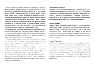 O tema das alterações climáticas apresenta-se nos tempos que passam já            Disponibilização / Manipulação
deveras desgastado pela frequência com que insolentemente a ele se recorre.       Representa o inicial aproveitamento dos elementos da terra por parte do homem
Apesar disso, porque atravesso uma fase da minha vida em que, contrariamente      para a manipulação em função da sua evolução. Água, terra e ar apresentam
à minha vontade, a infância me vai fugindo por entre os dedos e, como as          uma vastíssima possibilidade de manipulação direccionada para o conforto que o
outras pessoas, tendo a recorrer à seriedade de expressão para que a              homem, à medida que foi satisfazendo a curiosidade e perscrutando a
seriedade de caracterização seja também uma realidade. Por outros aspectos        composição do que se lhe deparou, foi também aprendendo a manipular esses
Sócio-Políticos que não de relevo factual neste contexto e porque a perda de      elementos sob processos para os quais a terra não estava preparada.
meninice me vai deixando um sentimento de revolta, sinto de facto esta extrema
necessidade de me dedicar a algo que me permita “esbracejar” e vociferar          Poluição / Agressão
impropérios verbais e / ou visuais, tal como em menino, sem que tal seja          Esta é já uma fase adiantada da evolução humana e a forma como o homem,
caracterizado como acto de loucura ou inadaptação à vida adulta.                  desconhecendo forma de construir o seu mundo através de outro método, não é
O tema das alterações climáticas e a sua associação às agressões ambientais é     capaz de abdicar de algo cujo processo põe em risco a sua própria
propício a essa liberdade. Neste assunto ser-me-á permitido apoiar no insulto e   sobrevivência. Assim, e porque haverá sempre alguem ao lado que não
no grito de revolta. Ser-me-ão perdoadas histerias imberbes e intromissões na     acompanhará, o homem sentiu-se incapaz de travar a auto-destruição e, mesmo
vida alheia porque ninguém terá coragem de se defender de algo que eu,            consciente do resultado final, jamais optará por um comportamento assente na
obviamente, jamais dirigirei particularmente a alguem…                            probidade e sensatez.
Fantasias e divagações à parte, o discurso errante acima descrito serviu apenas
para demonstrar como em qualquer circunstância, sob qualquer pretexto ou          Reacção / Regeneração
visando quaisquer objectivos, o tema das alterações climáticas deverá ser         Esta é a fase final e assenta em numa enormíssima conjectura. Aqui tentei
enfatizado frequentemente e por toda a gente.                                     representar a capacidade de reacção do planeta verde. Tal como supostamente
Nas três trabalhos fotográficos que compõem esta abordagem a que dei o nome       terá acontecido na cessação de eras anteriores, a terra terá reservas energéticas
de “Simbiose Homem – Terra – Homem”, dirijo objectivamente o meu olhar no         que, inacessiveis ao homem, servirão apenas de suporte para a regeneração
sentido da mais badalada causa deste efeito, mas também aquela sobre a qual       global. Porém, o processo será composto por fenómenos de dimensão
teremos maior capacidade de intervenção: As agressões ambientais…                 incomensurável e, como tal, insopurtavel para qualquer animal. Esta será a boa
De uma forma lírica, optei por estruturar estes três trabalhos de modo a          notícia para o planeta… Será a má notícia para o homem… A sua presença não
descrever o processo de interacção entre o homem e o planeta que o acolhe e       constará na descrição da era seguinte e, à sua custa, a de muitos outros animais
representar uma suposição de resultados desta simbiose milenar. Assim, os         também não!!!
estágios representados serão:
 