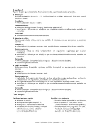 346 Editável e fotocopiável © Texto | Mensagens 11.o
ano
O que fazer?
A partir da obra que selecionaste, desenvolve uma das seguintes atividades propostas.
1. Exposição
Prepara uma exposição, escrita (130 a 170 palavras) ou oral (4 a 6 minutos), de acordo com os
seguintes passos:
Introdução
• Informação sobre o autor e a obra.
Desenvolvimento
• Apresentação do conteúdo global da obra (tema, organização);
• Semelhanças e diferenças em relação ao que estudaste em determinada unidade, apoiadas em
exemplos.
Conclusão
• Síntese dos aspetos mais relevantes da obra.
2. Apreciação crítica
Faz uma apreciação crítica, escrita ou oral (2 a 4 minutos), em que apresentes os seguintes
aspetos:
Introdução
• Informação sucinta sobre o autor e a obra, seguida de uma breve descrição do seu conteúdo.
Desenvolvimento
• Comentário crítico da obra, fundamentado em argumentos suportados por excertos
ilustrativos;
• Semelhanças e diferenças em relação ao que estudaste em determinada unidade, apoiadas em
exemplos.
Conclusão
• Informação sobre a importância da divulgação e do conhecimento da obra;
• Recomendação da sua leitura.
3. Texto de opinião
Elabora um texto de opinião, escrito ou oral (4 a 6 minutos), em que apresentes os seguintes
aspetos:
Introdução
• Informação sucinta sobre o autor e a obra.
Desenvolvimento
• Explicitação do teu ponto de vista sobre a obra, adotando uma perspetiva clara e pertinente,
fundamentada em argumentos, suportados por excertos ilustrativos;
• Utilização de um discurso valorativo (juízo de valor explícito ou implícito) sobre a obra;
• Semelhanças e diferenças em relação ao que estudaste em determinada unidade, apoiadas em
exemplos.
Conclusão
• Informação sobre a importância da divulgação e do conhecimento da obra;
• Recomendação da sua leitura.
Como divulgar?
Partilha o teu texto escrito
• No jornal da escola;
• No blogue mensagens.blogspot.pt;
• No blogue da biblioteca da tua escola;
• No site de uma livraria online ou num site
sobre livros que permita adicionar
comentários de utilizadores.
Partilha o teu texto oral
• Sob a forma de apresentação oral à turma;
• Num programa da rádio da tua escola
(acompanhando-o de músicas sugestivas);
• Sob a forma de vídeo/vlogue no YouTube,
Facebook, mensagens.blogspot.pt
ou outro site de partilha de vídeos.
 