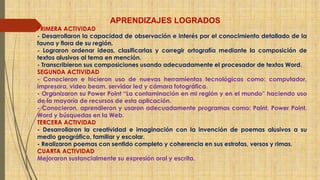 APRENDIZAJES LOGRADOS 
PRIMERA ACTIVIDAD 
- Desarrollaron la capacidad de observación e interés por el conocimiento detallado de la 
fauna y flora de su región. 
- Lograron ordenar ideas, clasificarlas y corregir ortografía mediante la composición de 
textos alusivos al tema en mención. 
- Transcribieron sus composiciones usando adecuadamente el procesador de textos Word. 
SEGUNDA ACTIVIDAD 
- Conocieron e hicieron uso de nuevas herramientas tecnológicas como: computador, 
impresora, video beam, servidor led y cámara fotográfica. 
- Organizaron su Power Point “La contaminación en mi región y en el mundo” haciendo uso 
de la mayoría de recursos de esta aplicación. 
- Conocieron, aprendieron y usaron adecuadamente programas como: Paint, Power Point, 
Word y búsquedas en la Web. 
TERCERA ACTIVIDAD 
- Desarrollaron la creatividad e imaginación con la invención de poemas alusivos a su 
medio geográfico, familiar y escolar. 
- Realizaron poemas con sentido completo y coherencia en sus estrofas, versos y rimas. 
CUARTA ACTIVIDAD 
Mejoraron sustancialmente su expresión oral y escrita. 
 