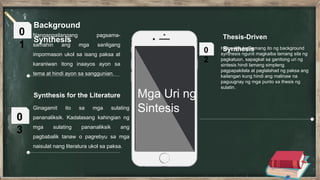 Background
Synthesis
Nangangailangang pagsama-
samahin ang mga sanligang
impormason ukol sa isang paksa at
karaniwan itong inaayos ayon sa
tema at hindi ayon sa sanggunian.
0
1
Thesis-Driven
Synthesis
Halos katulad lamang ito ng background
synthesis ngunit magkaiba lamang sila ng
pagkatuon, sapagkat sa ganitong uri ng
sintesis hindi lamang simpleng
pagpapakilala at paglalahad ng paksa ang
kailangan kung hindi ang malinaw na
paguugnay ng mga punto sa thesis ng
sulatin.
0
2
Synthesis for the Literature
Ginagamit ito sa mga sulating
pananaliksik. Kadalasang kahingian ng
mga sulating pananaliksik ang
pagbabalik tanaw o pagrebyu sa mga
naisulat nang literatura ukol sa paksa.
0
3
Mga Uri ng
Sintesis
 