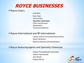 ROYCE BUSINESSES
Royce Colors
                     Acid Dyes
                     Basic Dyes
                     Solvent...