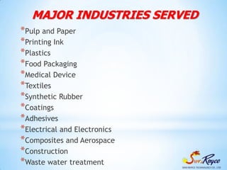 MAJOR INDUSTRIES SERVED
*Pulp and Paper
*Printing Ink
*Plastics
*Food Packaging
*Medical Device
*Textiles
*Synthetic Rubbe...