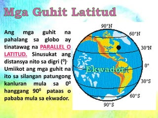 Ang mga guhit na
pahalang sa globo ay
tinatawag na PARALLEL O
LATITUD. Sinusukat ang
distansya nito sa digri (0).
Umiikot ang mga guhit na
ito sa silangan patungong
kanluran mula sa 00
hanggang 900 pataas o
pababa mula sa ekwador.
 
