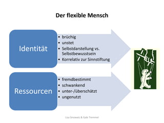 Der flexible Mensch


             • brüchig
             • unstet
 Identität   • Selbstdarstellung vs.
               Selbstbewusstsein
             • Korrelativ zur Sinnstiftung



             •   fremdbestimmt
             •   schwankend
Ressourcen   •   unter-/überschätzt
             •   ungenutzt



                  Lisa Sinowatz & Gabi Tremmel
 