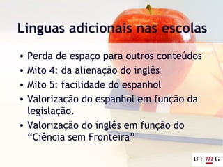 Linguas adicionais nas escolas
• Perda de espaço para outros conteúdos
• Mito 4: da alienação do inglês
• Mito 5: facilidade do espanhol
• Valorização do espanhol em função da
legislação.
• Valorização do inglês em função do
“Ciência sem Fronteira”
 