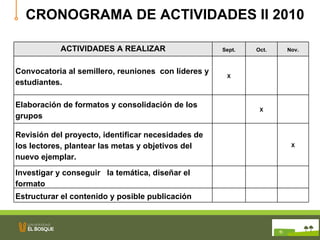 CRONOGRAMA DE ACTIVIDADES II 2010 ACTIVIDADES A REALIZAR Sept. Oct. Nov. Convocatoria al semillero, reuniones con líderes y estudiantes. X Elaboración de formatos y consolidación de los grupos X Revisión del proyecto, identificar necesidades de los lectores, plantear las metas y objetivos del nuevo ejemplar. X Investigar y conseguir la temática, diseñar el formato Estructurar el contenido y posible publicación