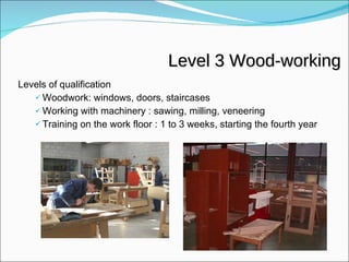 Level 3 Wood-working Levels of qualification Woodwork: windows, doors, staircases Working with machinery : sawing, milling, veneering Training on the work floor : 1 to 3 weeks, starting the fourth year 
