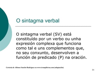 O sintagma verbal O sintagma verbal (SV) está constituído por un verbo ou unha expresión complexa que funciona como tal e uns complementos que, no seu conxunto, desenvolven a función de predicado (P) na oración. 