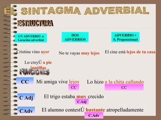 EL SINTAGMA ADVERBIAL ESTRUCTURA FUNCIONES UN ADVERBIO  o Locución adverbial ADVERBIO + S. Preposicional DOS ADVERBIOS Cristina vino  ayer Lo creyó  a pie juntillas No te vayas  muy lejos El cine está  lejos de tu casa CC C Adj CAdv Mi amiga vive  lejos Lo hizo  a la chita callando El trigo estaba  muy  crecido El alumno contestó  bastante  atropelladamente CC CC C.Adj C.Adv 