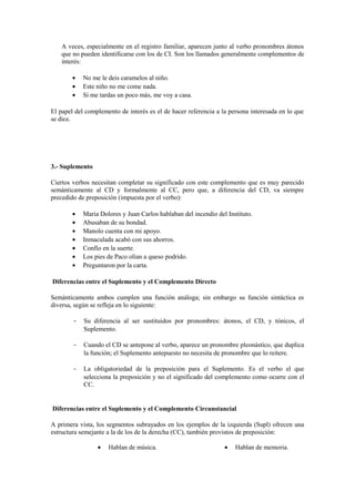 A veces, especialmente en el registro familiar, aparecen junto al verbo pronombres átonos
    que no pueden identificarse con los de CI. Son los llamados generalmente complementos de
    interés:

        •   No me le deis caramelos al niño.
        •   Este niño no me come nada.
        •   Si me tardas un poco más, me voy a casa.

El papel del complemento de interés es el de hacer referencia a la persona interesada en lo que
se dice.




3.- Suplemento

Ciertos verbos necesitan completar su significado con este complemento que es muy parecido
semánticamente al CD y formalmente al CC, pero que, a diferencia del CD, va siempre
precedido de preposición (impuesta por el verbo):

        •   Maria Dolores y Juan Carlos hablaban del incendio del Instituto.
        •   Abusaban de su bondad.
        •   Manolo cuenta con mi apoyo.
        •   Inmaculada acabó con sus ahorros.
        •   Confío en la suerte.
        •   Los pies de Paco olían a queso podrido.
        •   Preguntaron por la carta.

Diferencias entre el Suplemento y el Complemento Directo

Semánticamente ambos cumplen una función análoga; sin embargo su función sintáctica es
diversa, según se refleja en lo siguiente:

        -   Su diferencia al ser sustituidos por pronombres: átonos, el CD, y tónicos, el
            Suplemento.

        -   Cuando el CD se antepone al verbo, aparece un pronombre pleonástico, que duplica
            la función; el Suplemento antepuesto no necesita de pronombre que lo reitere.

        -   La obligatoriedad de la preposición para el Suplemento. Es el verbo el que
            selecciona la preposición y no el significado del complemento como ocurre con el
            CC.


Diferencias entre el Suplemento y el Complemento Circunstancial

A primera vista, los segmentos subrayados en los ejemplos de la izquierda (Supl) ofrecen una
estructura semejante a la de los de la derecha (CC), también provistos de preposición:

                 •   Hablan de música.                           •   Hablan de memoria.
 